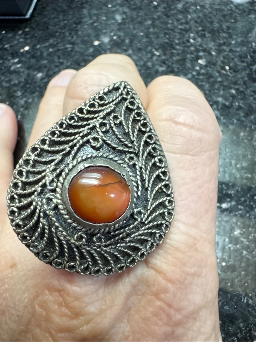Silver Filigree Teardrop Ring with Orange Carnelian Stone